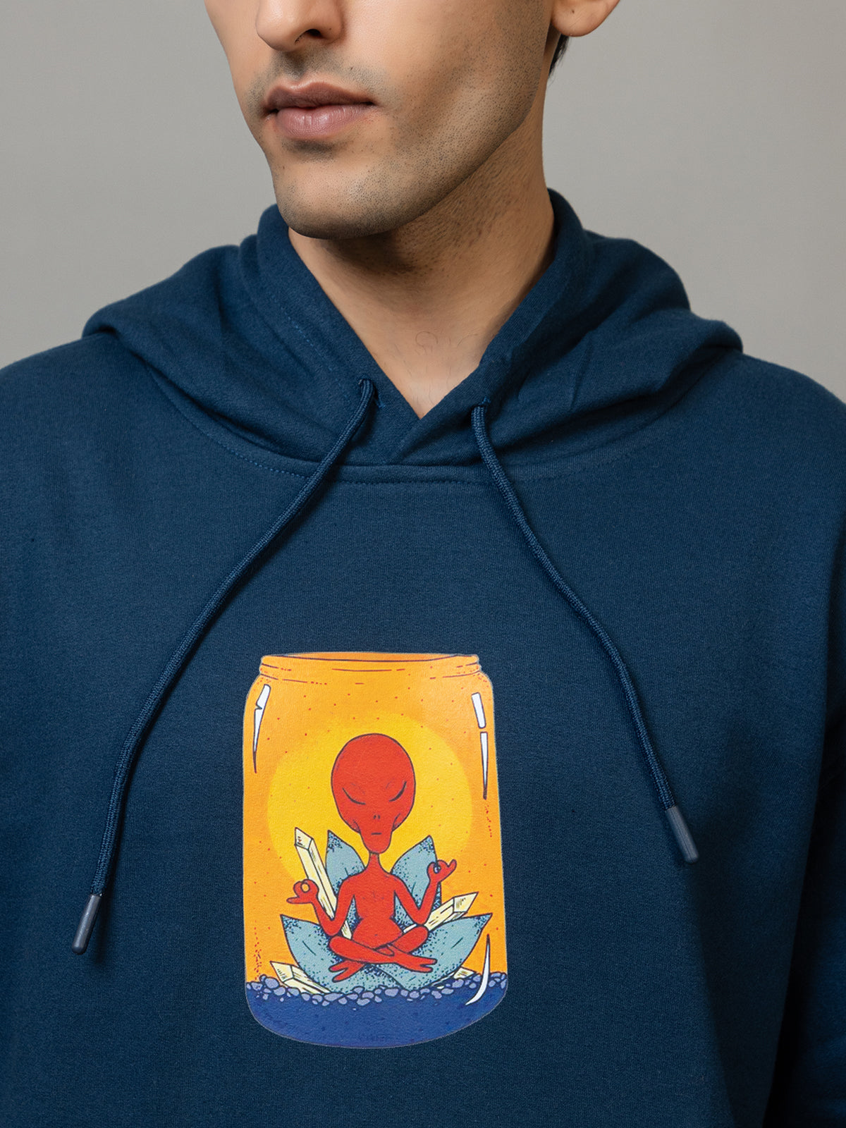Men's 'I Chill Harder' Meditation Alien Back Graphic Hoodie - Polar Midnight Navy