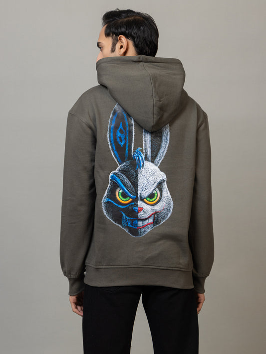 Men's 'Two-Face Rabbit' Street Art Back Graphic Hoodie - Polar Olive Drab