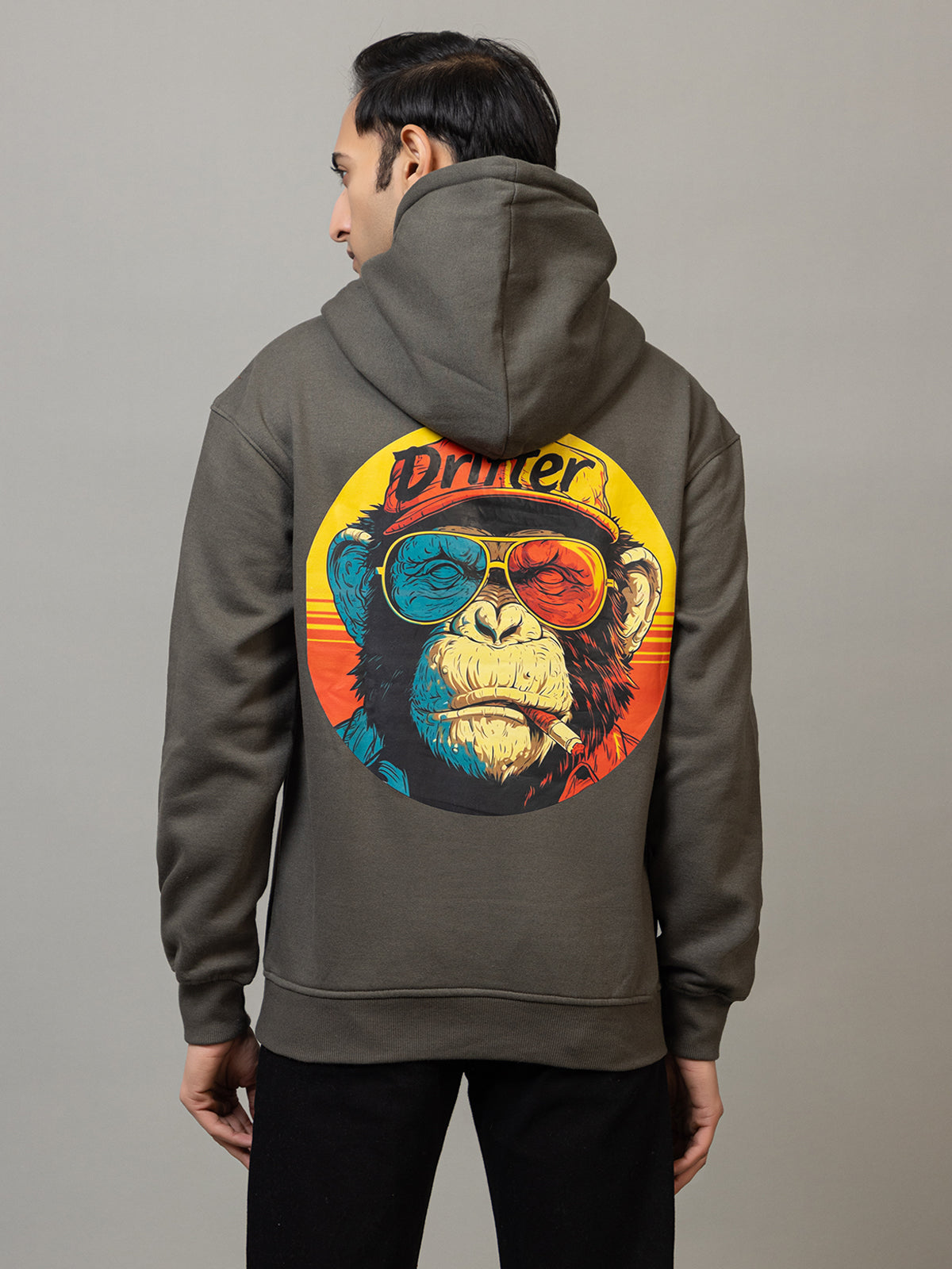 Men's 'Drifter Monkey' Pop Art Back Graphic Hoodie -Polar Charcoal Olive