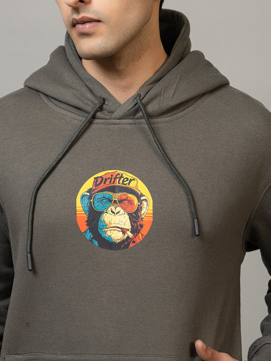 Men's 'Drifter Monkey' Pop Art Back Graphic Hoodie -Polar Charcoal Olive