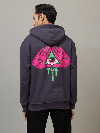 Men's 'Neon Illuminati Hand' Back Graphic Hoodie - Polar Charcoal Grey