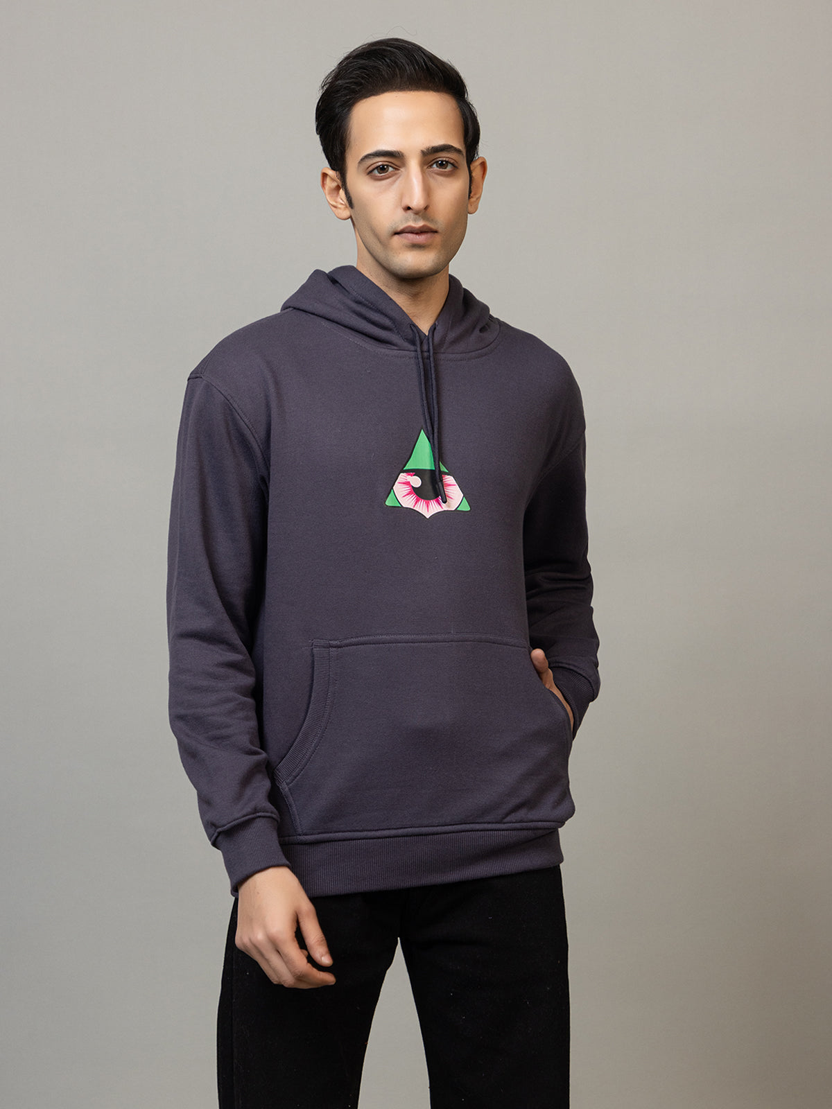 Men's 'Neon Illuminati Hand' Back Graphic Hoodie - Polar Charcoal Grey