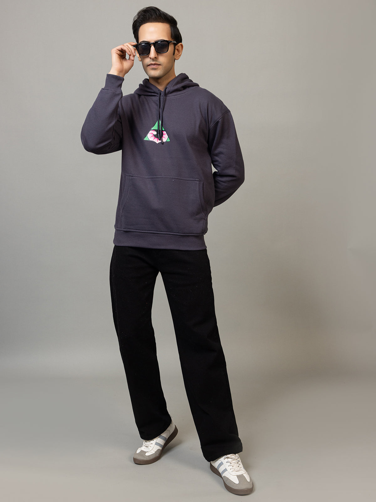 Men's 'Neon Illuminati Hand' Back Graphic Hoodie - Polar Charcoal Grey