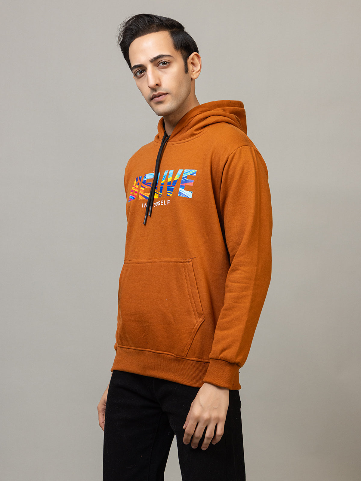 Men's 'BELIVE IN YOURSELF' Abstract Text Hoodie - Breeze Warm Amber