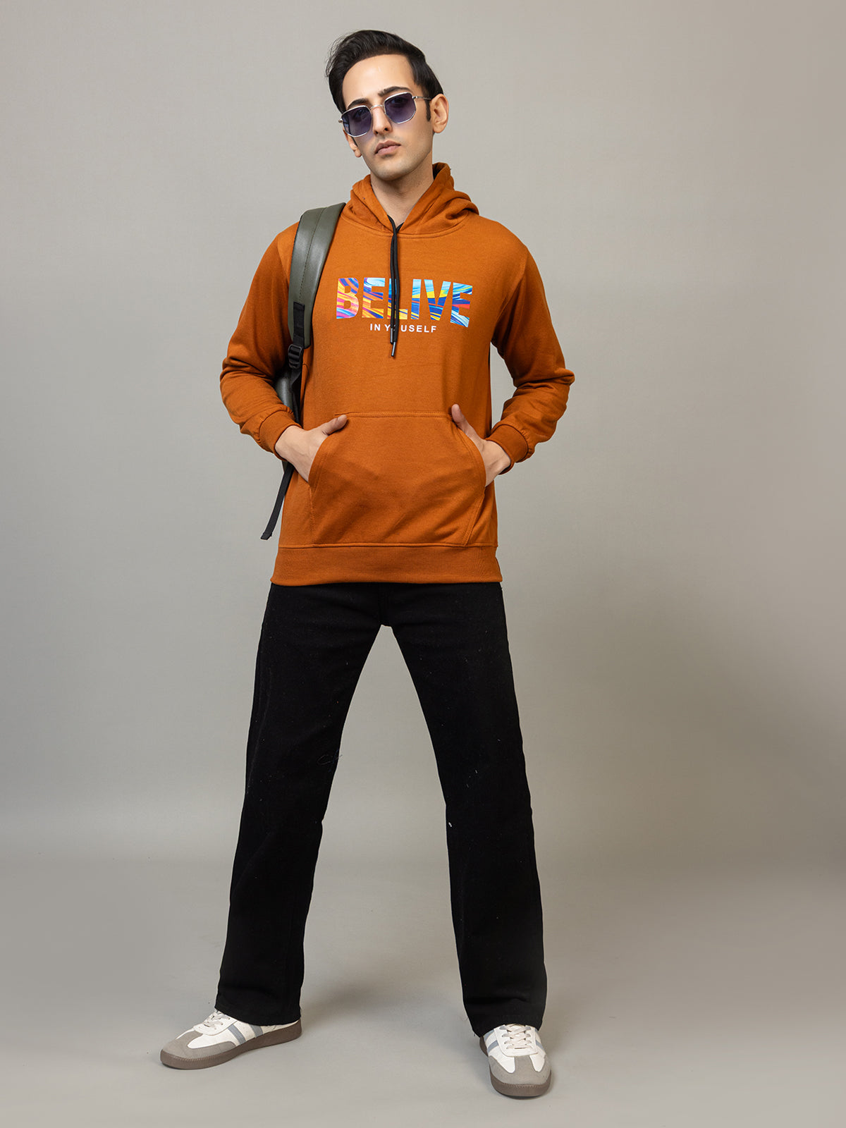 Men's 'BELIVE IN YOURSELF' Abstract Text Hoodie - Breeze Warm Amber