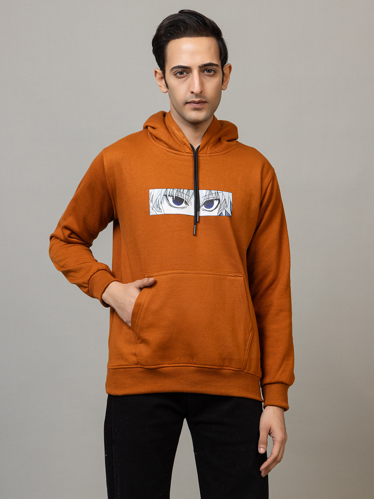 Men's Anime Electric Eyes Graphic Hoodie - Warm Breeze Amber