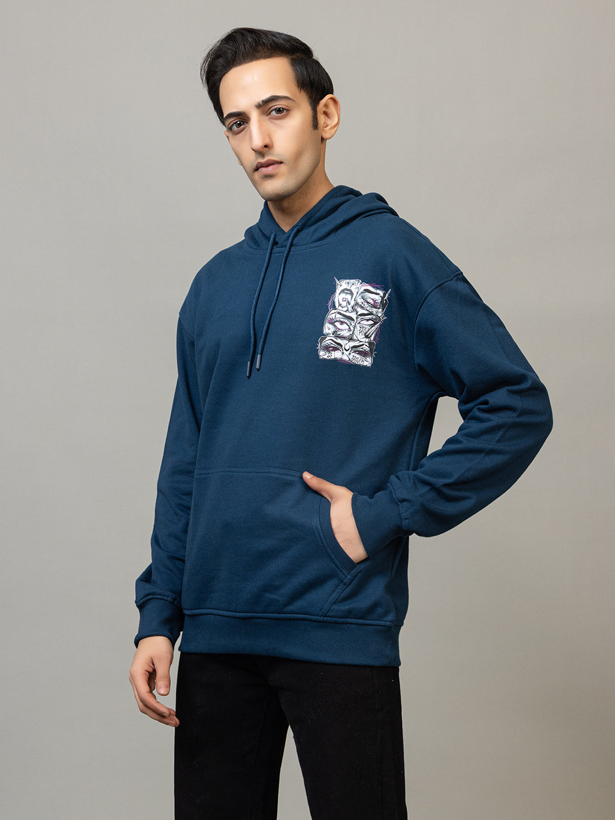 Men's 'Street Eye' Tattoo-Style Back Graphic Hoodie -Polar Midnight Navy