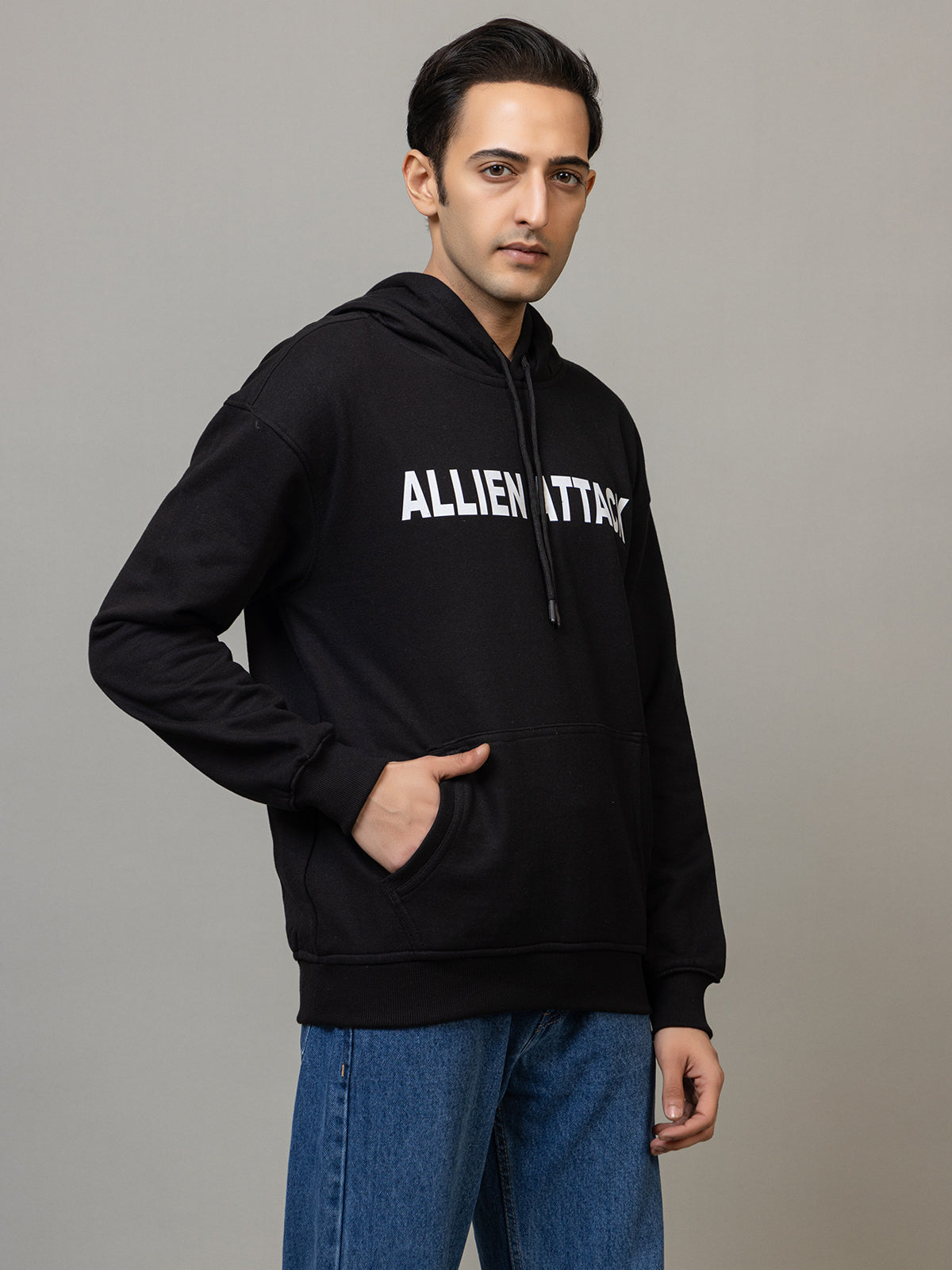 Allien attack print hoodie - Polar black