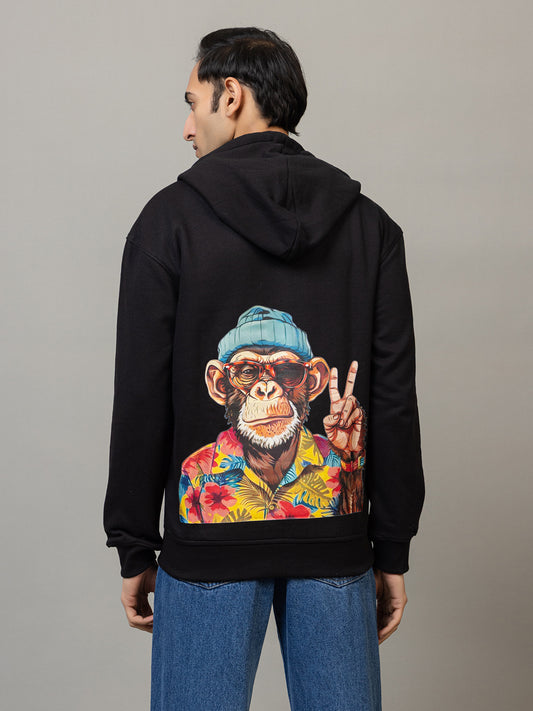Men's 'Vacation Ape' Peace Sign Back Graphic Hoodie - Polar Jet Black