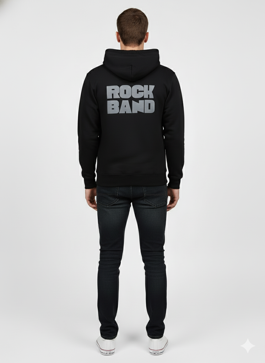 Men's Retro Bold 'ROCK BAND' Back Graphic Hoodie - Polar Jet Black