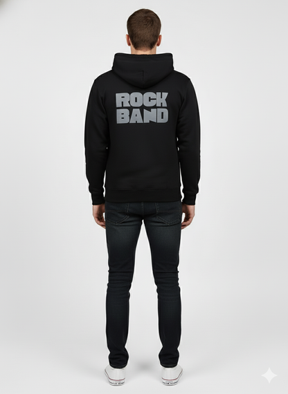 Men's Retro Bold 'ROCK BAND' Back Graphic Hoodie - Polar Jet Black