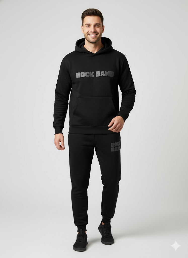 Men's Retro Bold 'ROCK BAND' Back Graphic Hoodie - Polar Jet Black