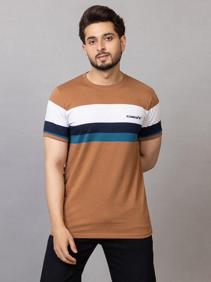 Men's Classic Striped Cotton T-Shirt - Brown & Navy Crew Neck