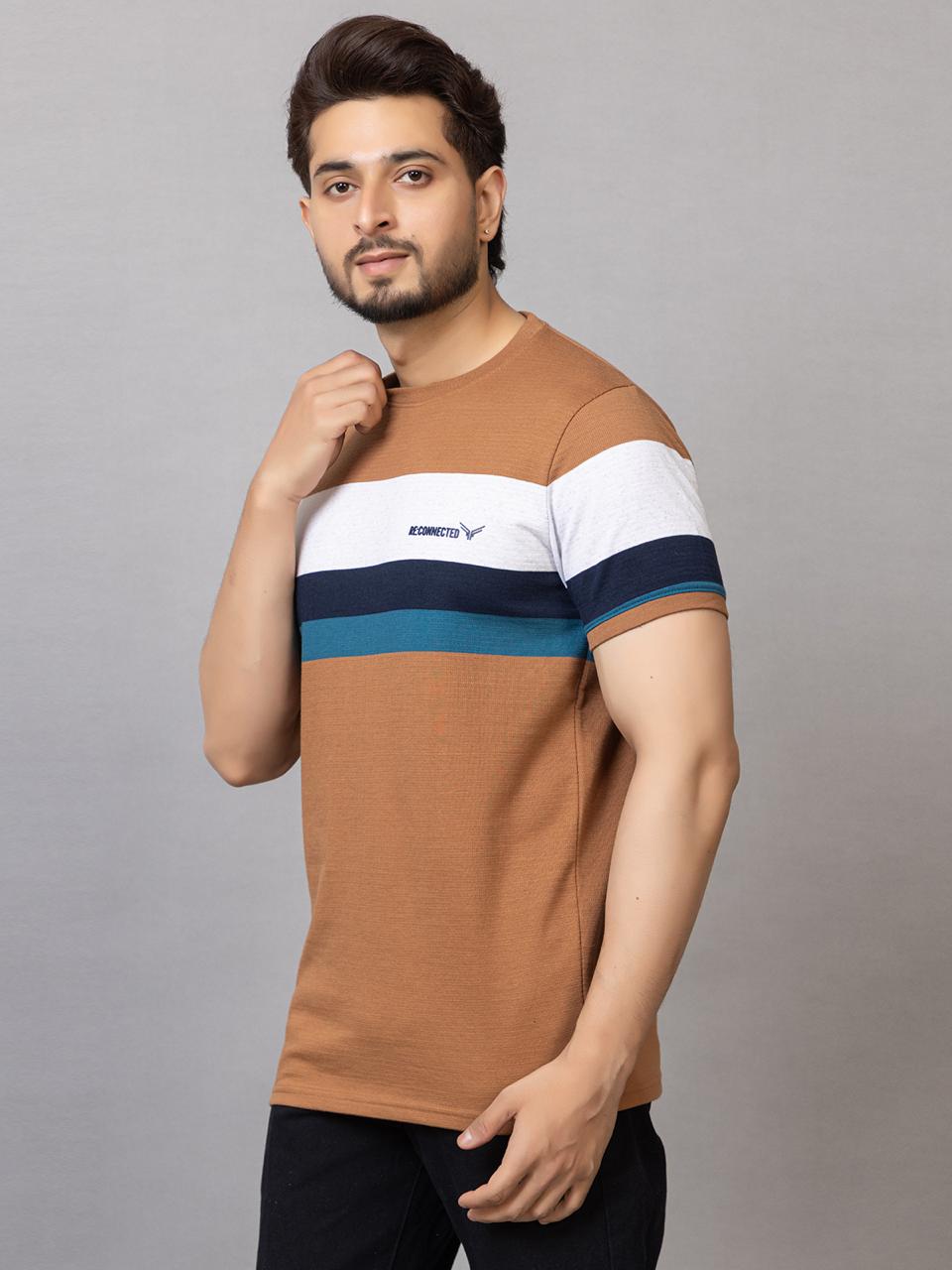 Men's Classic Striped Cotton T-Shirt - Brown & Navy Crew Neck