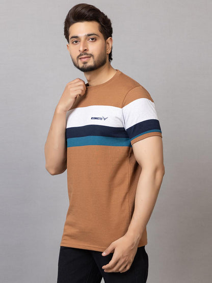 Men's Classic Striped Cotton T-Shirt - Brown & Navy Crew Neck