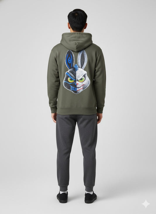 Men's 'Two-Face Rabbit' Street Art Back Graphic Hoodie - Polar Olive Drab