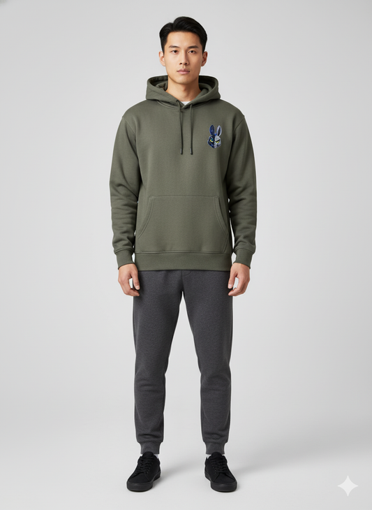 Men's 'Two-Face Rabbit' Street Art Back Graphic Hoodie - Polar Olive Drab
